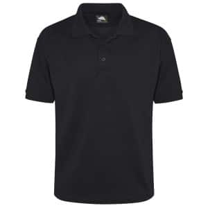 The Orn Raven Classic Polo Shirt, featuring a plain black design with short sleeves, a collar, and two buttons, is displayed against a white background. | Work & Wear DIrect