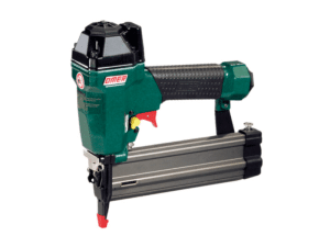 An Omer 18 Gauge Brad Nailer 20-50mm in green and black, featuring a textured grip, metal magazine, and visible trigger, displayed against a white background. | Work & Wear DIrect