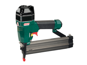 The Omer 16 Gauge Finish Nailer 25-64mm, featuring a green and black body with a silver magazine, is shown on a white background. | Work & Wear DIrect