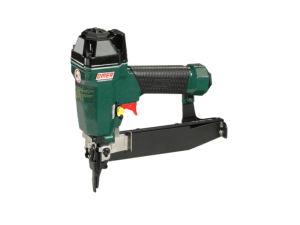 A green and black Omer 90 Type Stapler (15-40mm) pneumatic tool, featuring a textured grip handle and trigger, isolated on a white background. | Work & Wear DIrect