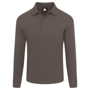 The Orn Weaver Premium Long Sleeve Polo Shirt is a brown, collared shirt with long sleeves and two buttons, featuring ribbed cuffs and a simple, classic design. It is displayed on a plain white background. | Work & Wear DIrect
