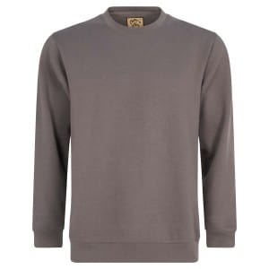 The Orn Kestrel EARTHPRO Sweatshirt, made from 65% GRS-certified recycled polyester, is a plain, long-sleeved crew neck in a muted grey shade and is displayed on a white background. | Work & Wear DIrect
