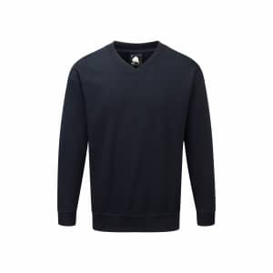 The Orn Buzzard V-Neck Sweatshirt is a plain black long-sleeve top featuring ribbed cuffs and hem, shown on a white background. | Work & Wear DIrect