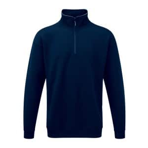 The Orn Grouse 1/4 Zip Sweatshirt is a navy blue long-sleeve jumper featuring a quarter-zip front and a stand collar, shown on a white background. | Work & Wear DIrect