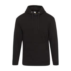 The Orn Owl Hooded Sweatshirt is a plain black hoodie featuring a front pocket and drawstrings, shown on a white background. | Work & Wear DIrect