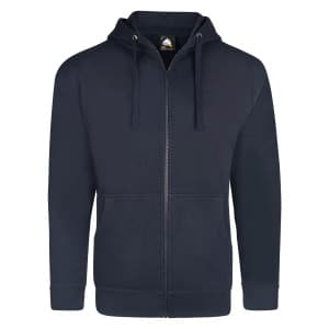 The Orn Macaw Hooded Zipped Sweatshirt is a plain navy blue hoodie with a zip-up front, hood, and drawstrings, displayed against a white background. It features front pockets, as well as ribbed cuffs and hem. | Work & Wear DIrect