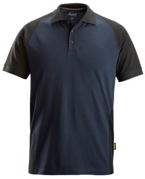 Snickers Two-Coloured Polo Shirt in navy blue, featuring black raglan short sleeves and a three-button placket, shown on a plain white background. | Work & Wear DIrect
