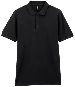 A Gildan Premium cotton double piqué sport shirt (GD042) in plain black, featuring short sleeves, a collar, and three buttons, is laid flat on a white background. | Work & Wear DIrect
