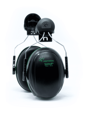Centurion Sana Helmet Mounted Ear Defenders SNR 25dB, shown from the front, feature black ear cups with green detailing. They include a metal headband and a black top mounting clip for attachment to a hard hat. | Work & Wear DIrect