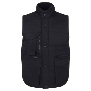 The Orn Eider Bodywarmer is a sleeveless black utility gilet featuring press studs, a high collar, and multiple front pockets—including both zip and flap styles—displayed on a white background. | Work & Wear DIrect