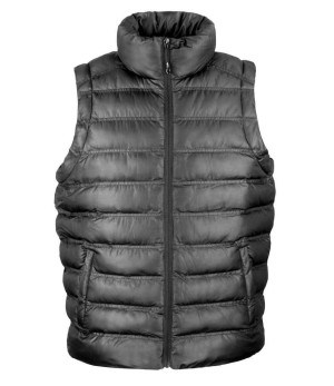 The Result Men’s Ice Bird Padded Gilet (R193M) is a black, sleeveless padded bodywarmer featuring horizontal quilting, a full front zip, and two side pockets, shown against a plain white background. | Work & Wear DIrect