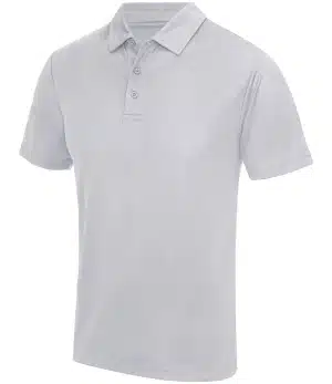 A Just Cool AWDis Polo Shirt (JC040) in plain light grey, featuring short sleeves, a collar, and three buttons, displayed on a white background. | Work & Wear DIrect