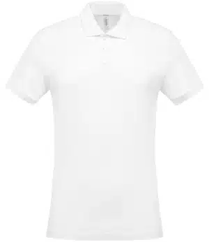 The Kariban Organic Piqué Polo Shirt - K209 is a plain white short-sleeved polo with a collar and three buttons, displayed on a white background. | Work & Wear DIrect
