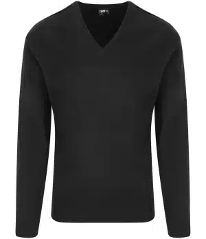 A Pro RTX Pro Acrylic V-Neck Jumper (RX200) in plain black with long sleeves, displayed on a white background. | Work & Wear DIrect