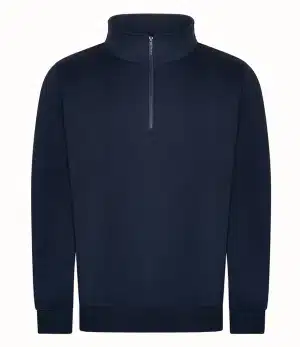 The Pro RTX Pro 1/4 Neck Zip Sweatshirt - RX305 features a navy blue colour, long sleeves, a high collar, and a quarter-zip fastening. Its minimalist design includes ribbed cuffs and hem without any visible logos or patterns. | Work & Wear DIrect