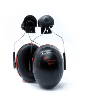 Two Centurion Sana Helmet Mounted Ear Defenders SNR 34dB in black are shown upright with metal headbands. The ear cups feature a red trim and display the Centurion SANA brand, whilst adjustable helmet attachments are visible at the top of each earmuff. Shown on a white background. | Work & Wear DIrect