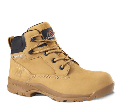 Honey-coloured leather safety boot featuring black accents and sturdy laces, with a rugged sole. The Vixen Onyx Ladies Honey S3 Waterproof Safety Boot showcases RockFall branding on the tongue and side. | Work & Wear DIrect