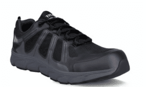 The Titan Composite Safety Trainer (Bullet) is a black trainer featuring a mesh upper, rubber sole, and lace-up design, showcased at an angle on a white background. | Work & Wear DIrect