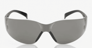 The EME18 Grey Lens Safety Spectacle features a sleek, modern design with a single curved, grey-tinted lens and black arms, displayed from the front against a white background. | Work & Wear DIrect
