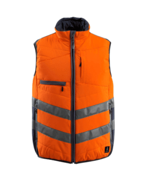 The MASCOT® Grimsby Thermal Gilet features bright orange fabric with reflective silver stripes, a zippered front, high collar, and a zippered chest pocket, designed to provide enhanced visibility and safety in work environments. | Work & Wear DIrect