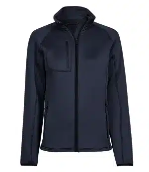 The Tee Jays T9101 Ladies Navy Stretch Fleece Jacket features a sleek, simple design with long sleeves, a high collar, zip-up front, chest pocket with zip fastening, and two side pockets. | Work & Wear DIrect