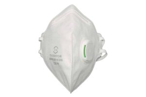 The FFP2 FOLD FLAT MASKS VALVED BOX 10 is a white face mask featuring a valve, two elastic ear loops, and printed text on the front, displayed against a white background. | Work & Wear DIrect