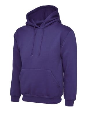 A UC510 Ladies' Deluxe Hooded Sweatshirt in plain purple, featuring a front pocket and drawstrings, displayed against a white background. | Work & Wear DIrect