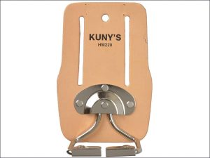 A tan leather hammer holder labelled Kunys HM-220, featuring metal clips and a curved metal loop on the front. | Work & Wear DIrect
