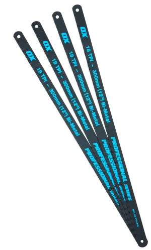 Four black OX Pro 6 18 TPI, 300mm (12”) bi-metal professional hacksaw blades from a pack of 10 are fanned out on a white background. | Work & Wear DIrect