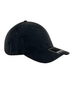 A Beechfield BC860 Stretch-Fit Baseball Cap in plain black, featuring a curved peak and a small rectangular patch on the front left side. | Work & Wear DIrect