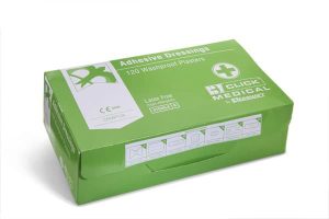 A green box labelled Waterproof Plasters (120 Assorted) contains 120 washproof plasters. The box features medical symbols and is branded Click Medical. | Work & Wear DIrect