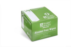 A green box labelled "Alcohol-Free Wipes (pack of 100)" with white text and a medical cross symbol. The unopened box is set against a plain white background. | Work & Wear DIrect