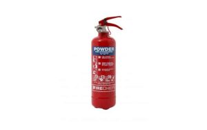 The Firechief 1kg ABC Powder Fire Extinguisher c/w Wire Bracket (FMP1), a red powder fire extinguisher with a hose and handle, labelled "Powder Fire Extinguisher" and featuring detailed usage instructions, stands upright on a white background. | Work & Wear DIrect