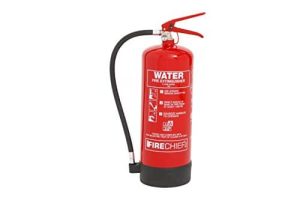 The Firechief XTR 6 Litre Water Fire Extinguisher (FXW6) features a red body with a black hose and red handle, clearly labelled with usage instructions and safety symbols, set against a white background. | Work & Wear DIrect