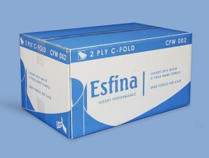 A blue and white box labelled Centrefold 2ply White Tissues containing 2-ply centrefold paper hand towels, 2400 towels per case. | Work & Wear DIrect