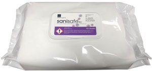 A pack of Coronavirus Flow Pack Blue Aquaspun Wipes features a white plastic exterior with a resealable lid on top, labelled for cleaning and sanitising surfaces. Each pack contains 100 sheets of 33gsm wipes measuring 200mm. | Work & Wear DIrect