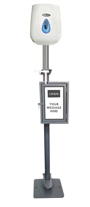 Sure! Here’s your revised sentence: An Extended New P.O.D Plus™ (Pedal Operated Dispenser) with a lockbox, featuring a freestanding hand sanitiser dispenser and a mounted sign holder displaying LOGO YOUR MESSAGE HERE on the front. | Work & Wear DIrect