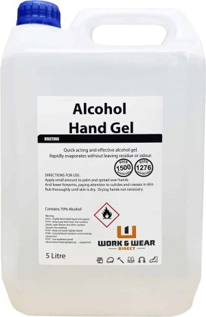 A 5-litre plastic container labelled "5ltr Hand Sanitiser Gel (70%)" features instructions and warnings on the front, states it contains 70% alcohol, and displays the Work & Wear Direct logo at the bottom. | Work & Wear DIrect