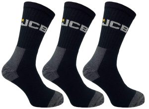 Three JCB High Protection Black Work Socks, sold as a pack of three, are displayed side by side against a white background. These black and grey crew socks feature reinforced heels and toes for durability, with the letters "JCB" in white and yellow on the cuffs. | Work & Wear DIrect