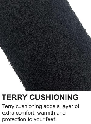 Close-up of the black terry fabric used in JCB Everyday Work Socks - Black/Grey (3 Pack) reveals a textured surface. Below, text reads: “TERRY CUSHIONING. Terry cushioning adds a layer of extra comfort, warmth and protection to your feet.”. | Work & Wear DIrect