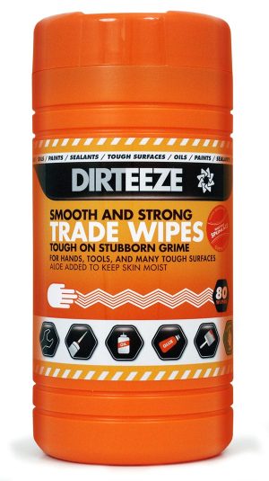 Orange container of Dirteeze Smooth & Strong Wipes, labelled for cleaning hands, tools, and surfaces. Contains 80 wipes, designed for tough grime removal with added aloe to moisturise skin. | Work & Wear DIrect