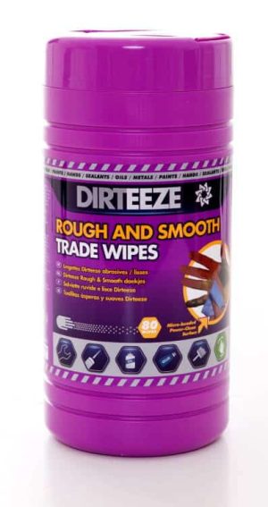 A purple tub of DIRTEEZE ROUGH AND SMOOTH WIPES (TUB OF 80) with a label displaying product information and icons, indicating the wipes are suitable for cleaning hands, tools, and surfaces. | Work & Wear DIrect