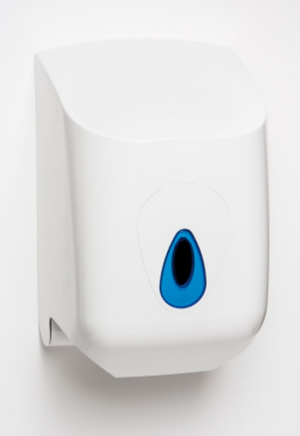 A wall-mounted Blue Roll Dispenser (Standard Size) in white, featuring a blue oval-shaped window in the centre, designed for dispensing paper rolls in bathrooms or public spaces. | Work & Wear DIrect