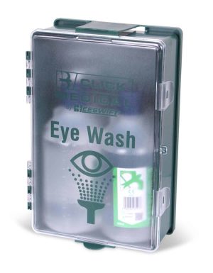 A green and clear plastic wall-mounted CLICK MEDICAL EYEWASH BOXED STATION 2x500ml with a hinged door, labelled “Eye Wash” and featuring an eye icon. Inside, two 500ml eye wash solution bottles are visible. | Work & Wear DIrect