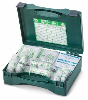 An open 20 PERSON REFILL (44003M) first aid kit with various plasters, gauze, and medical supplies neatly arranged inside. | Work & Wear DIrect