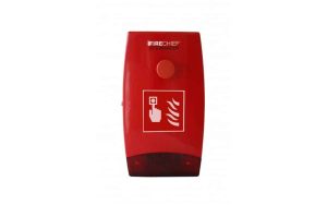 The Firechief Sitewarden SE Push Button Site Alarm is a red fire alarm call point featuring a white icon of a hand pressing a button above flames, designed for use in emergency fire situations. | Work & Wear DIrect