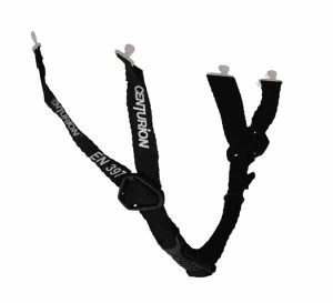 The Centurion 4 Point Chin Strap, supplied in a pack of 10, is a black adjustable strap with “CENTURION” and “EN 397” printed in white. Each strap features plastic clips at both ends for securely fastening safety helmets and is displayed against a plain white background. | Work & Wear DIrect