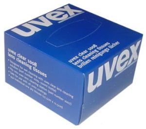 A blue box labelled UVEX Cleaning Tissues 450/Box, featuring product details and branding printed in white text on the sides and top. | Work & Wear DIrect