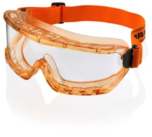 B-Brand Premium Goggle (Amber) features a clear protective lens with an orange frame and an adjustable orange strap, designed to shield eyes from debris and chemicals. | Work & Wear DIrect