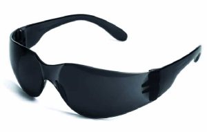 Tinted Safety Specs featuring black wraparound frames with wide, curved lenses and thick arms, displayed on a white background. | Work & Wear DIrect